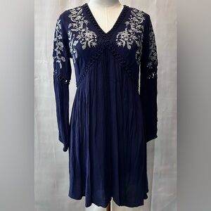 Navy Boho Pheasant Cottagecore Feminine Dress with Silver Embroidery Size S